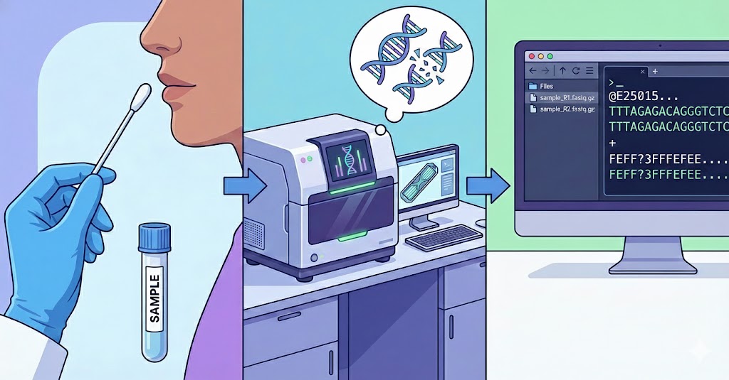 Illustration of DNA sequencing workflow: cheek swab to sequencer to FASTQ files